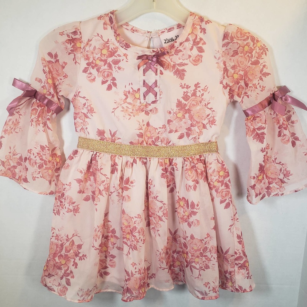 Little Lass Floral Dress Bows Lace Up Gold Sparkle Belt 24M ASIS